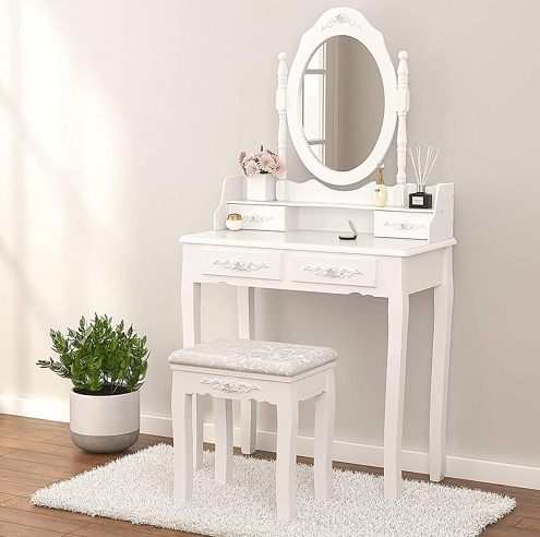 French Antique Vanity Table Set with Mirror and Stool