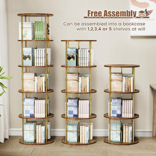 Multi-layer Decorative Rotating Wood and Metal Bookshelf